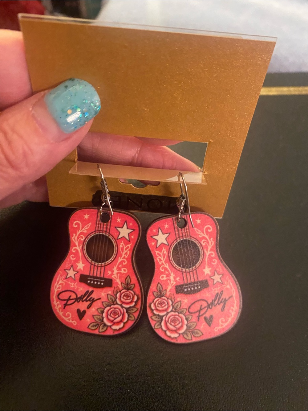 Dolly Parton Guitar Earrings with stars hearts and flowers large double-sided - Picture 5 of 6
